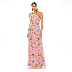 NWT Mac Duggal One Shoulder Floral Sequin Hot Pink Lace Up Gown Size 4